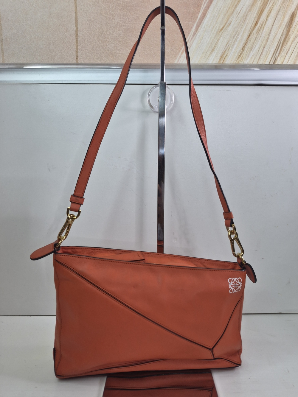 Loewe Orange Leather Shoulder Bag with Geometric Stitching